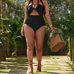 Plus Tie Front Halter One Piece Swimsuit